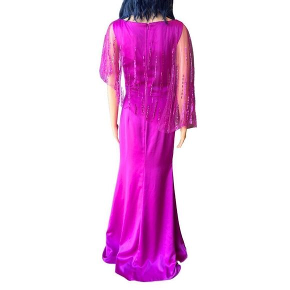 Theia Satin Sequin Cape Gown Sample 4 Magenta Pink Mother of Bride Formal - Picture 7 of 8